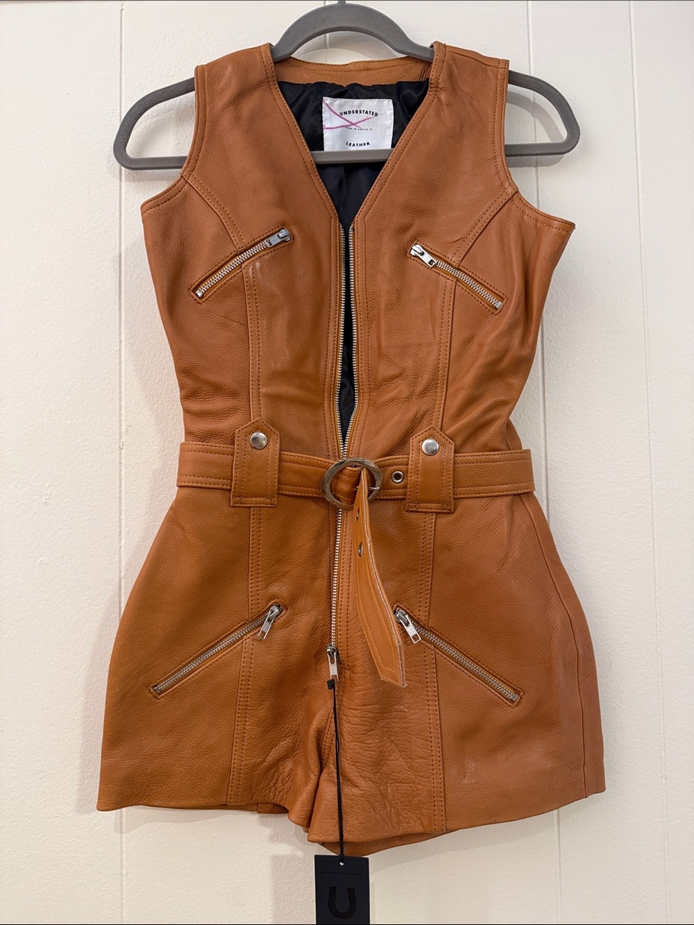 Understated Leather Belted Romper with Front Zippers